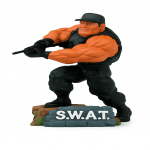A figurine titled  S.W.A.T.  features a muscular S