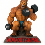 A painted figurine titled  WORKOUT ANIMAL  depicts